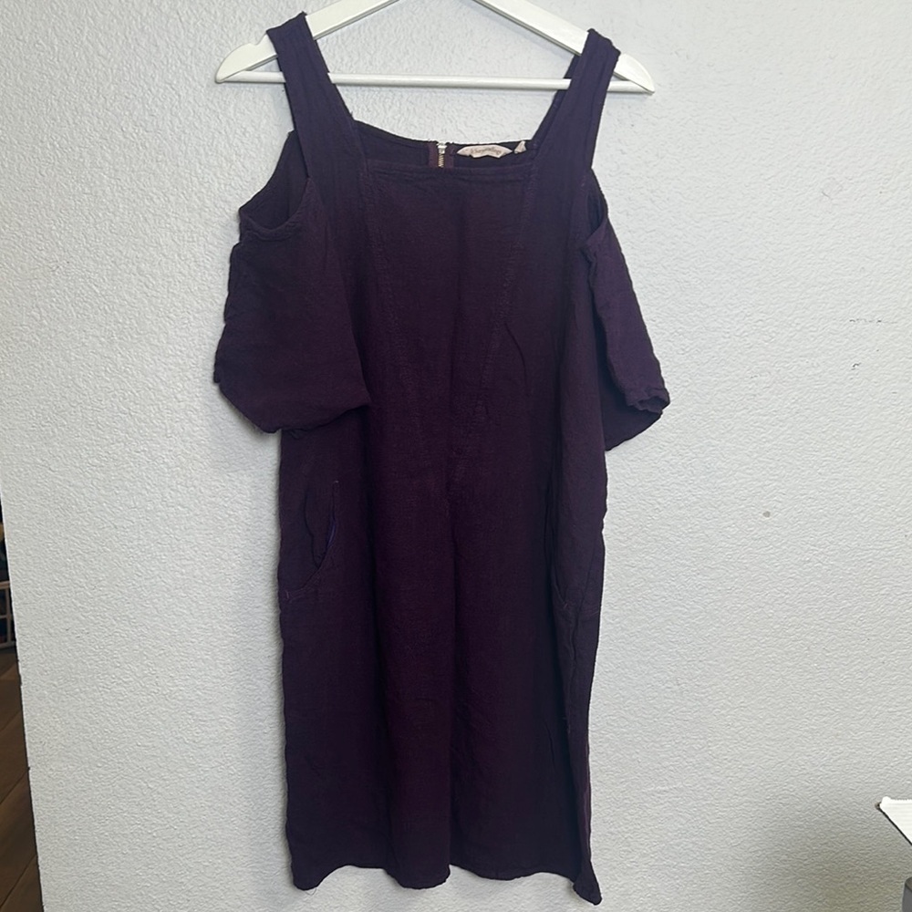 Soft Surroundings Emilia Purple Linen Blend Cold Shoulder Midi Dress‎ Size Small